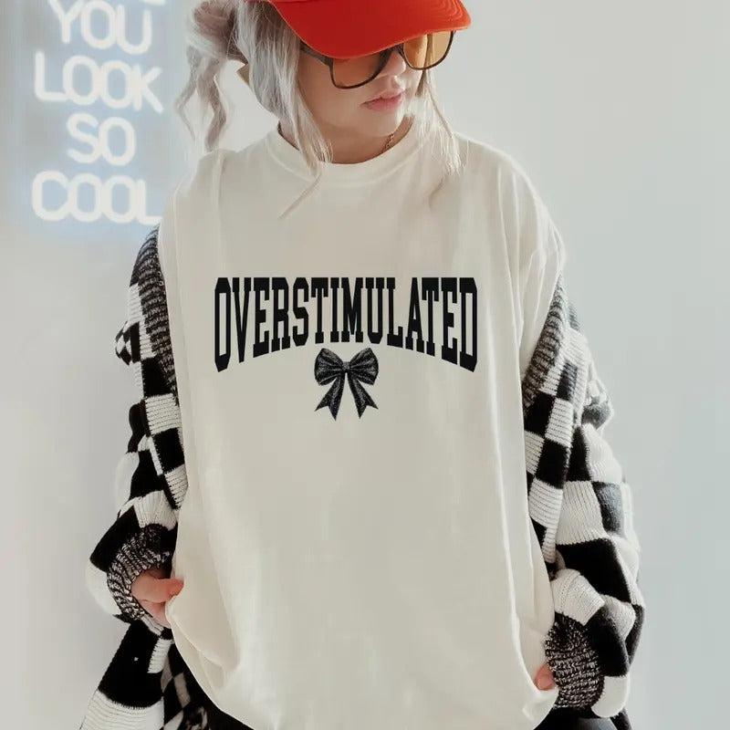 Overstimulated Bow Shirt, Comfort Colors, Christmas Coquette Shirt, Women's Holiday Tee, Casual Comfy Graphic Hoodie...