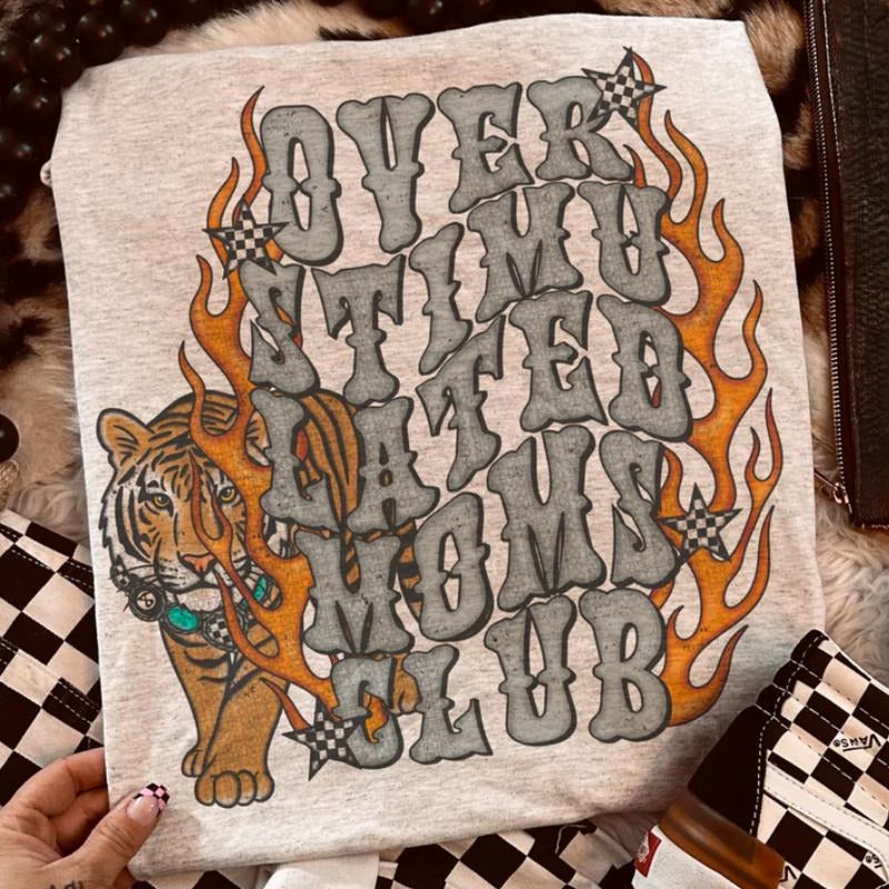 Overstimulated Moms Club Tiger shirt, vintage western graphic tees, western outfits women, women's graphic tees, western...