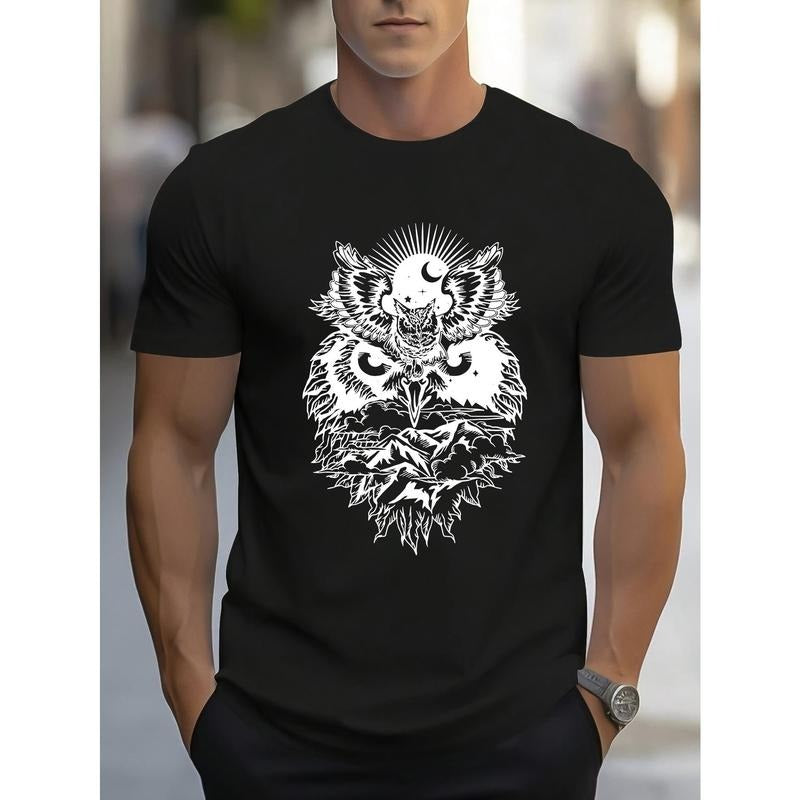 Owl Motif Print, Men's Crew Neck Short Sleeve T-shirt, Stylish & Trendy & Cozy For Casual Summer Wear Made in USA Hoodie...