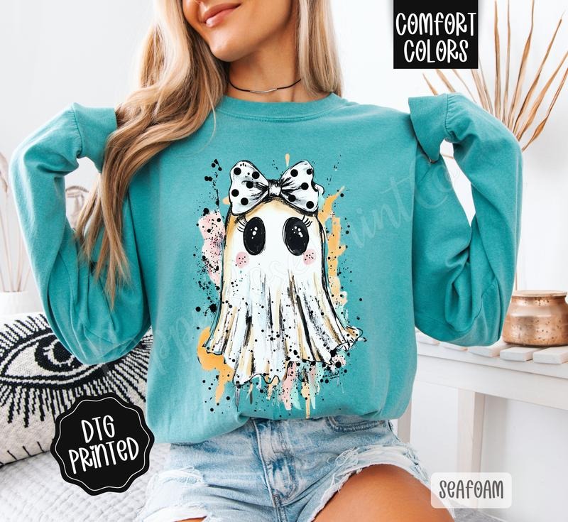 Painted Ghost Long Sleeve TShirt, Trendy Women's Halloween Tee Hoodie, Sweatshirt | PrintMintTees.com