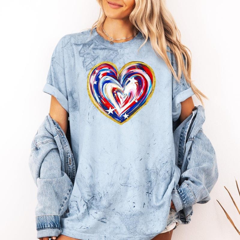 Painted Patriotic Heart, America, USA, Stars, 4th of July, Color Blast Tshirt Comfort Colors T-Shirt, Women's Comfort...