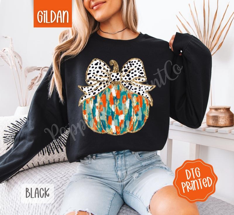 Painted Pumpkin Sweatshirt, Trendy Coquette Fall Crewneck T-Shirts, Hoodie | PrintMintTees.com