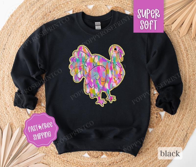 Painted Turkey Sweatshirt, Cute Thanksgiving Sweater,  Women's Fall Thankful Crewneck Shirt Hoodie | PrintMintTees.com