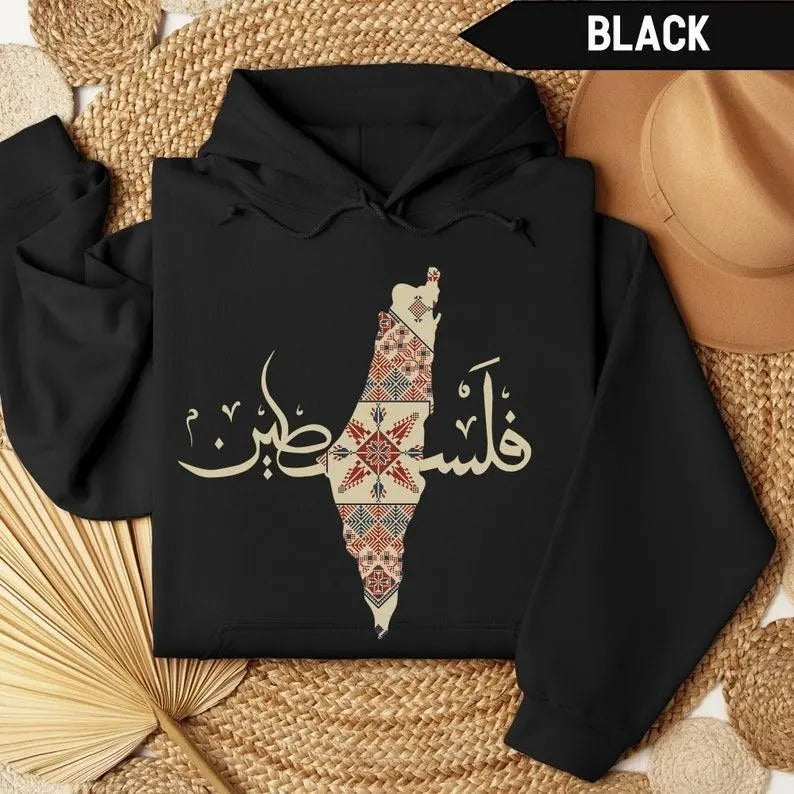 Palestine Traditional Arabic Calligraphy Map Pattern Long Sleeve Cotton Shirt Tops T-Shirts, Hoodie, Sweatshirt