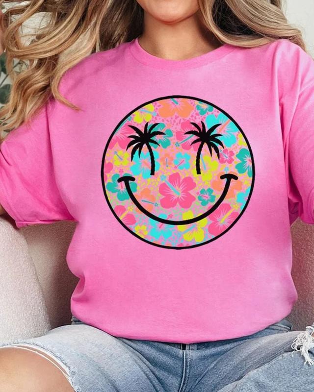 Palm Tree Smile Short Sleeve Relaxed Fit T-Shirt FUN SUMMER Hoodie Sweatshirt | PrintMintTees.com