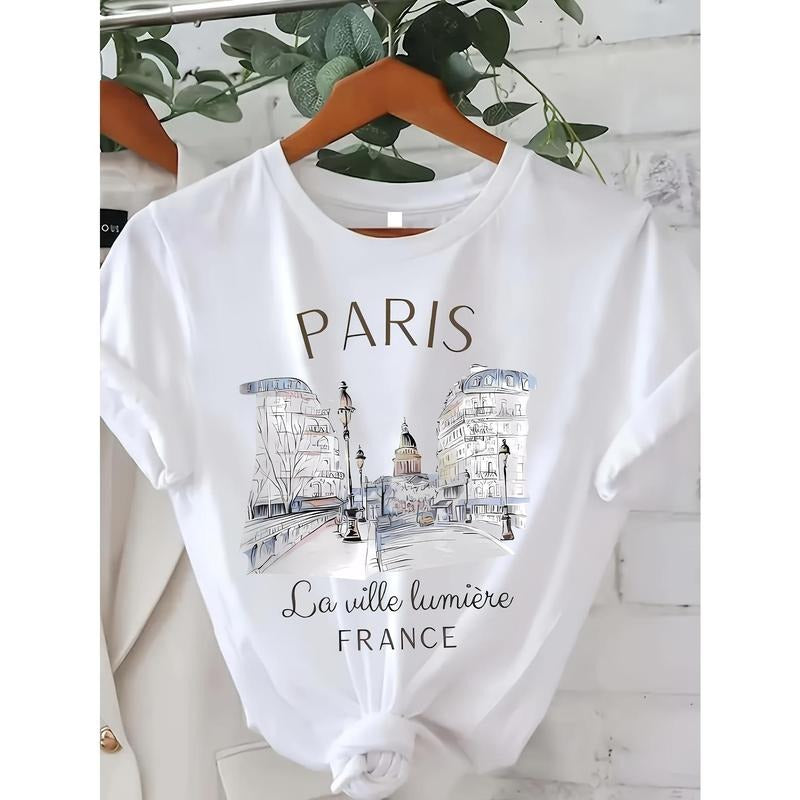 Paris Women Print T-shirt Girl Short Sleeve Crew Neck Casual Top for Summer & Spring, Women's Clothing