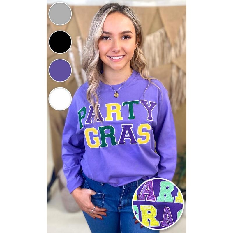 Party Gras Soft Chenille Graphic Long Sleeve T-Shirt Hoodie Sweatshirt | PrintMintTees.com