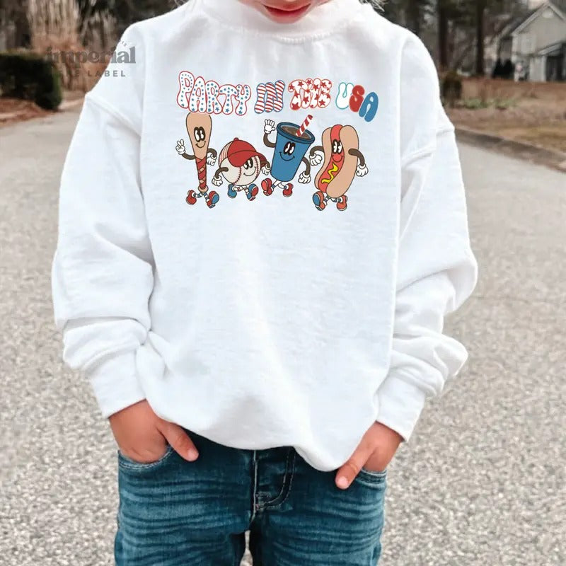 Party in the USA Youth Sweatshirt and Kid's Comfort Colors T-Shirt, Patriotic Kids Crewneck, 4th of July Pullover, Funny...