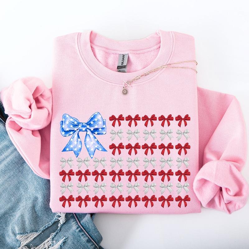 Patriotic Bows, Flag, USA, Coquette, Ribbons, America, 4th of July Sweatshirt Shirt Hoodie | PrintMintTees.com