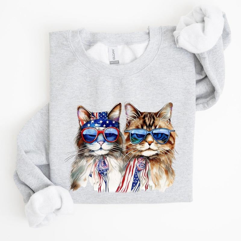 Patriotic Cats, Hippie, Funny, 4th of July Sweatshirt, Women's Crew Neck, Crewneck T-Shirts, Hoodie | PrintMintTees.com