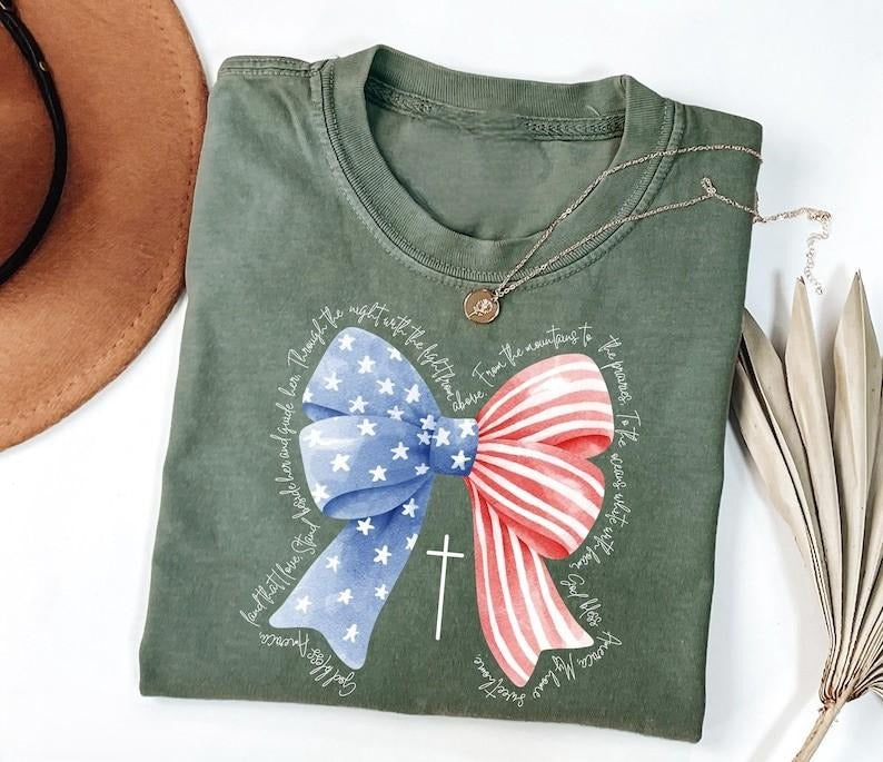 Patriotic Coquette Bow Tshirt, God Bless America Shirt, 4th of July T-Shirt, Women's Patriotic Tee Hoodie Sweatshirt