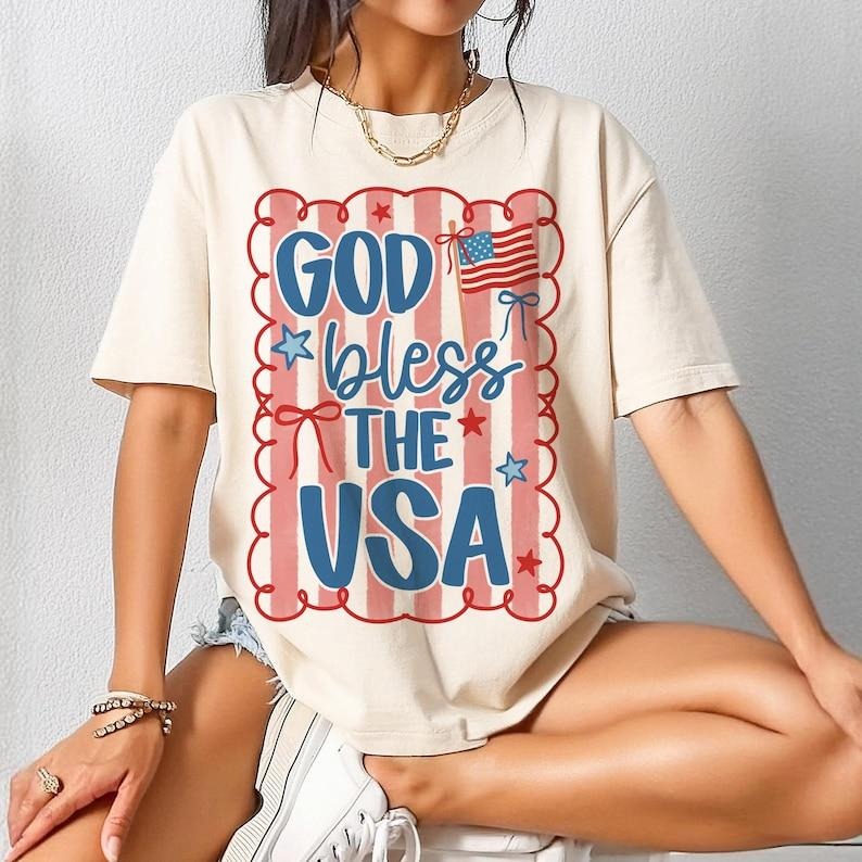 Patriotic Coquette Tshỉt, God Bless The USA Tee, Red White and Blue Shirt, Coquette Shirt, Preppy Patriotic Hoodie Sweatshirt