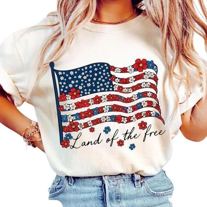Patriotic Floral Shirt, Floral USA Flag Land Of The Free Shirt Sublimation 4th Of July t-shirt Independence Day Hoodie...