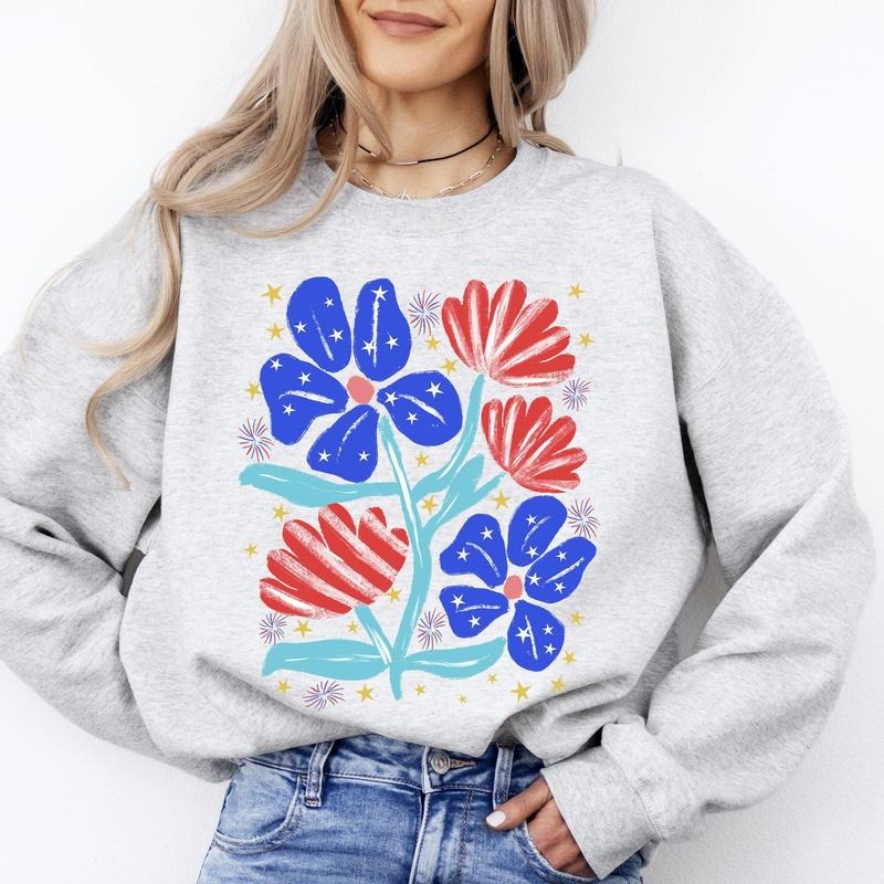 Patriotic Flowers, Red White Blue, America, USA, 4th of July Sweatshirt, Crew Neck, Women's, Crewneck T-Shirts, Hoodie