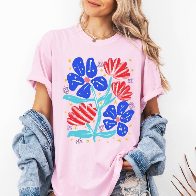 Patriotic Flowers, Red White Blue, America, USA, 4th of July Tshirt, Women's Comfort Colors Tee Hoodie Sweatshirt