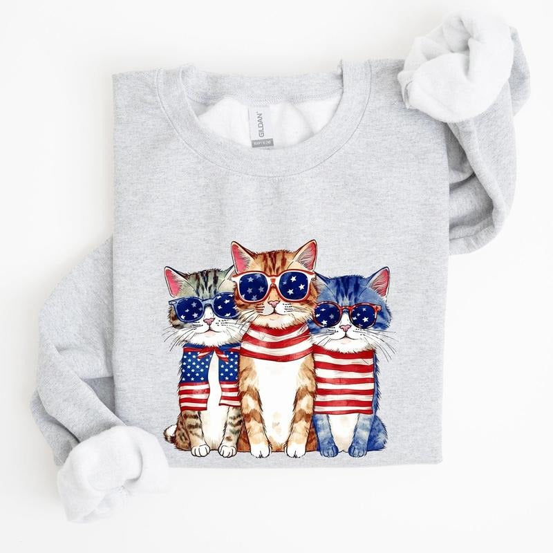 Patriotic Hippie Cats, Funny,  4th of July Sweatshirt, Women's Crew Neck, Crewneck T-Shirts, Hoodie | PrintMintTees.com
