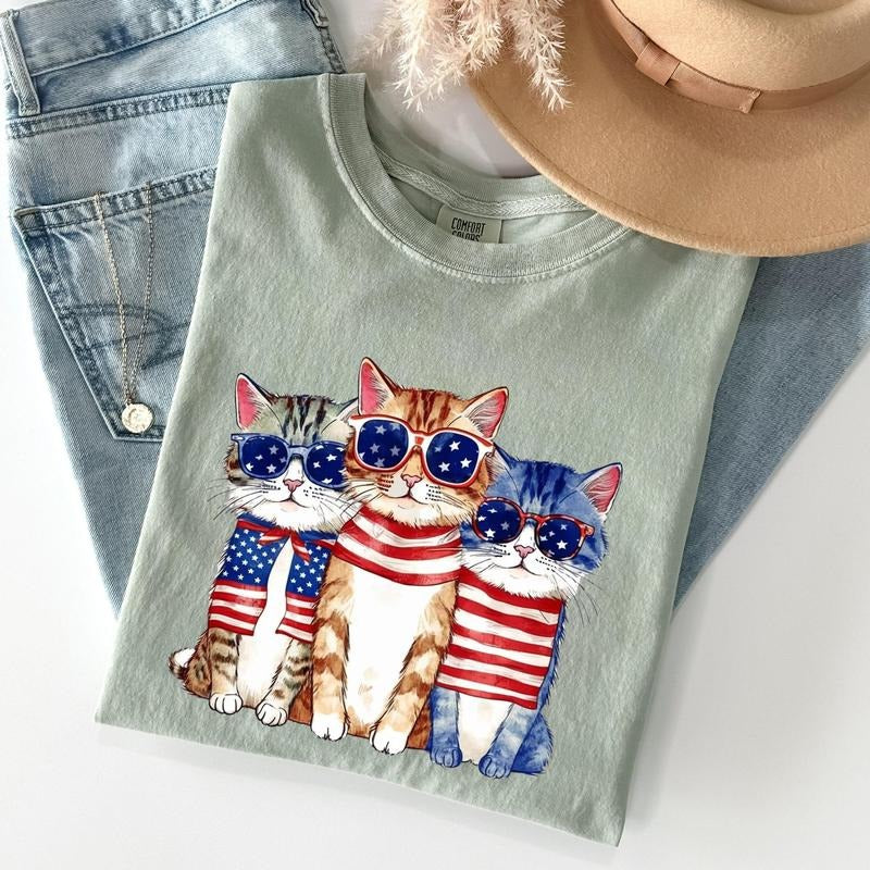 Patriotic Hippie Cats, Funny, Patriotic, 4th of July Tshirt, Women's Crew Neck, Crewneck Hoodie, Sweatshirt