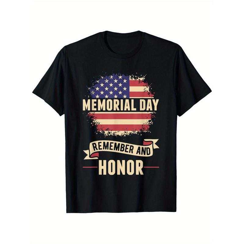 Patriotic Memorial Day Remember And Honor USA Flag Graphic Men's Short Sleeve Crew Neck T-Shirt, 100% Cotton Casual...