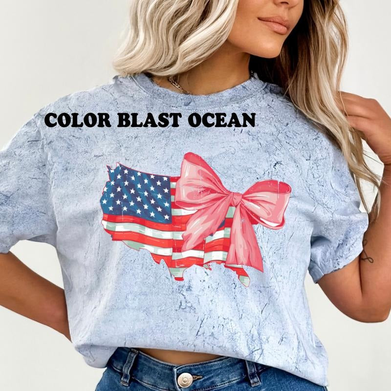 Patriotic USA & Bow Shirt ~ Unisex Apparel Relaxed Fit Printed In The USA Clothing Womenswear Casual Comfort Cotton Top...