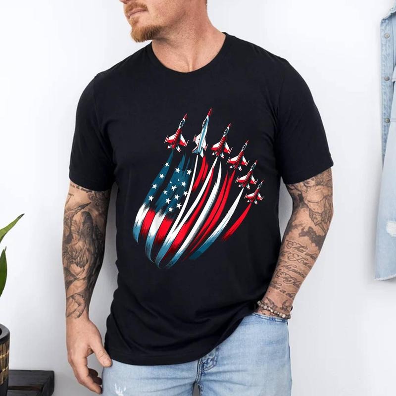 Patriotic USA Flag Fighter Jets 4th July Cotton Top Menswear Shirt Hoodie Sweatshirt