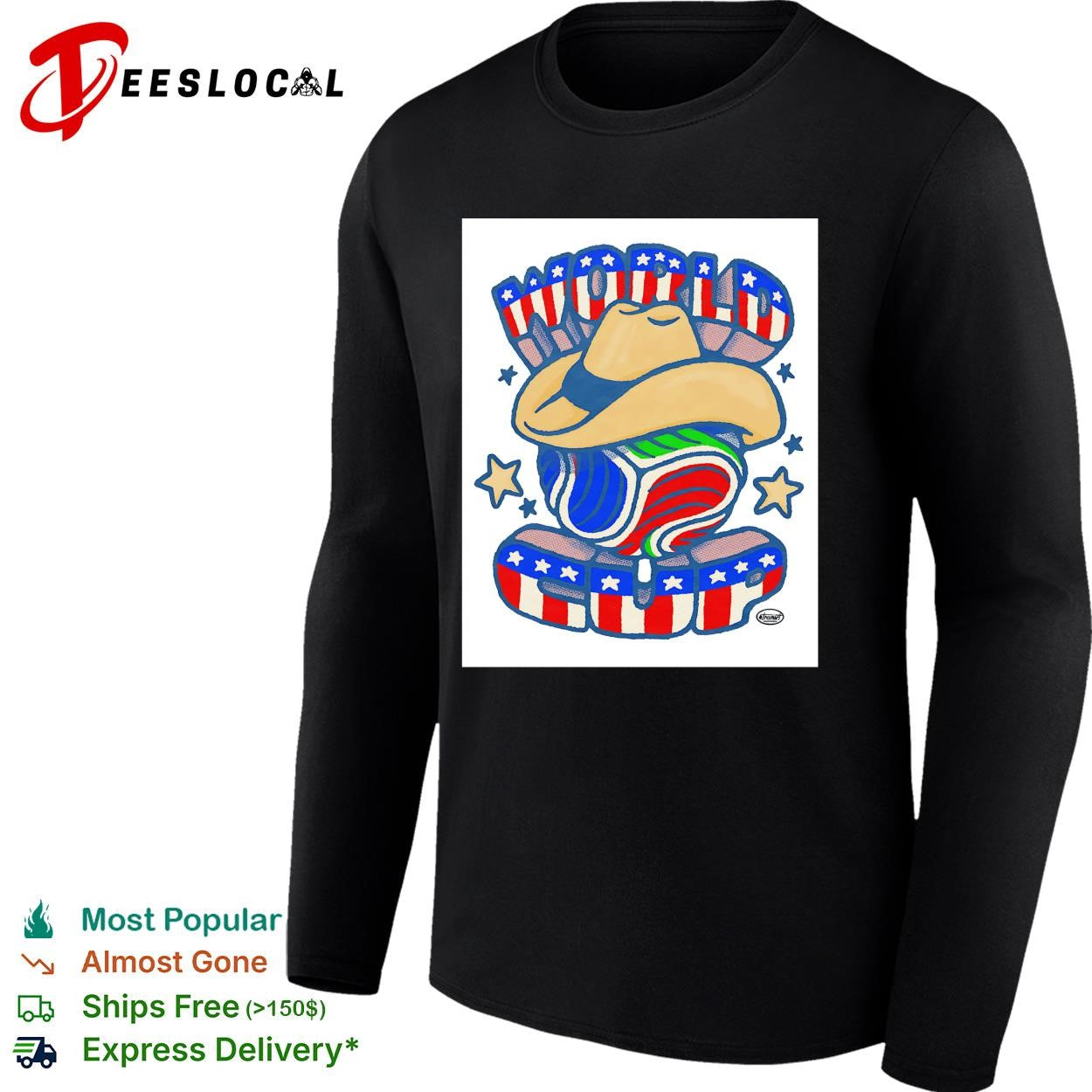 Patriotic peanut mascot wearing cowboy hat shirt