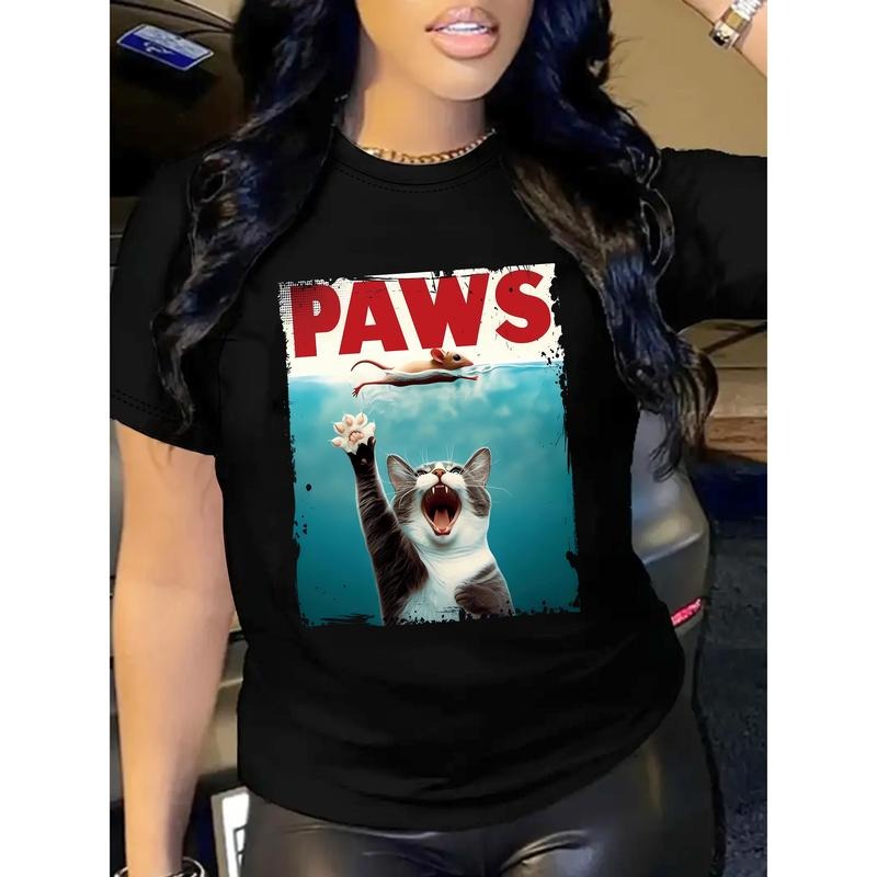 Paws Print Crew Neck T-Shirt, Casual Short Sleeve T-Shirt For Spring & Summer, Women's Clothing style 02 Hoodie Sweatshirt