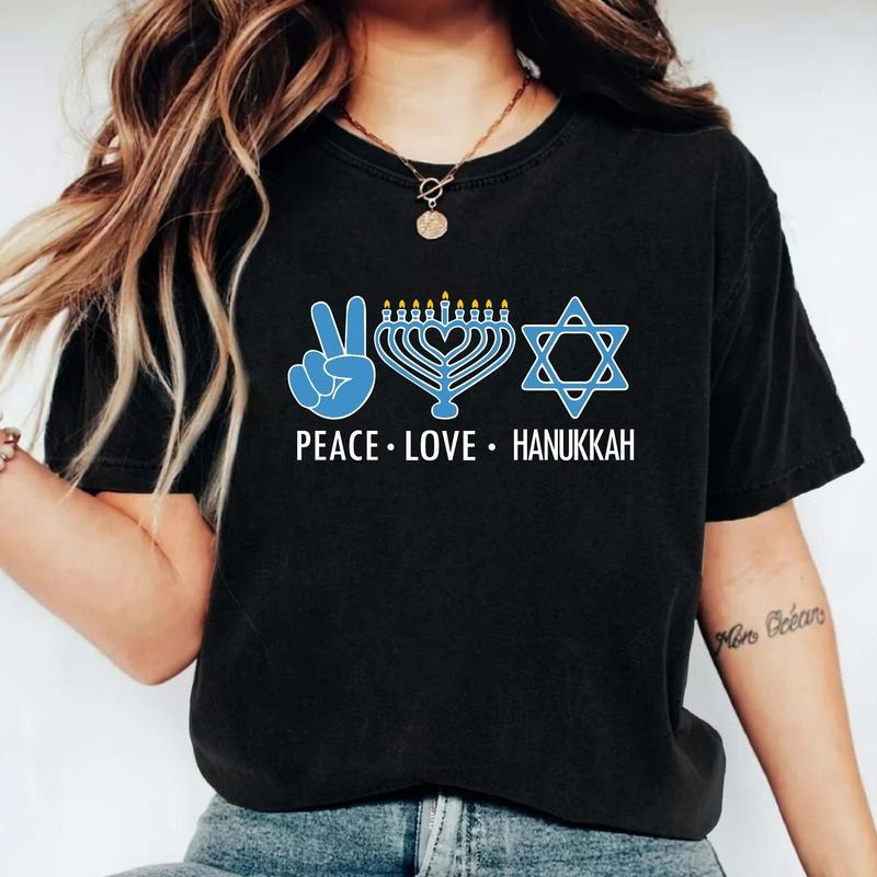 Peace Love Hanukkah T-Shirt, Matching Jewish Family Shirt, Religious Shirt, Holiday Gift Tee, Menorah Shirt For Mother....