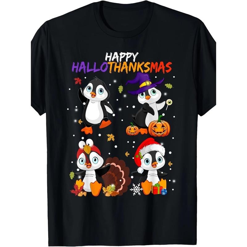 Penguin Happy Hallothanksmas Halloween Thanksgiving Xmas T-Shirt Made in USA Hoodie Sweatshirt | PrintMintTees.com