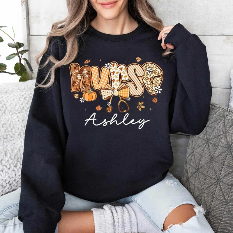 Personalized Autumn Nursing Shirt, Custom Thanksgiving Gift, Coquette Fall Nurse Tee, Pumpkin & Autumn Inspired Cute...