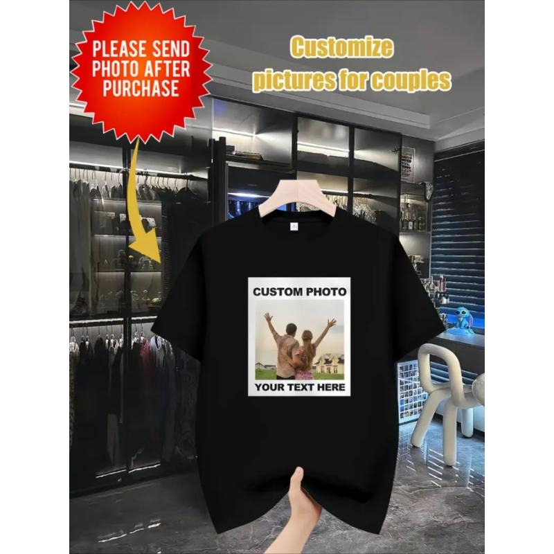 Personalized Couple's Picture Print, Casual Polyester, Machine Washable, Round Neck