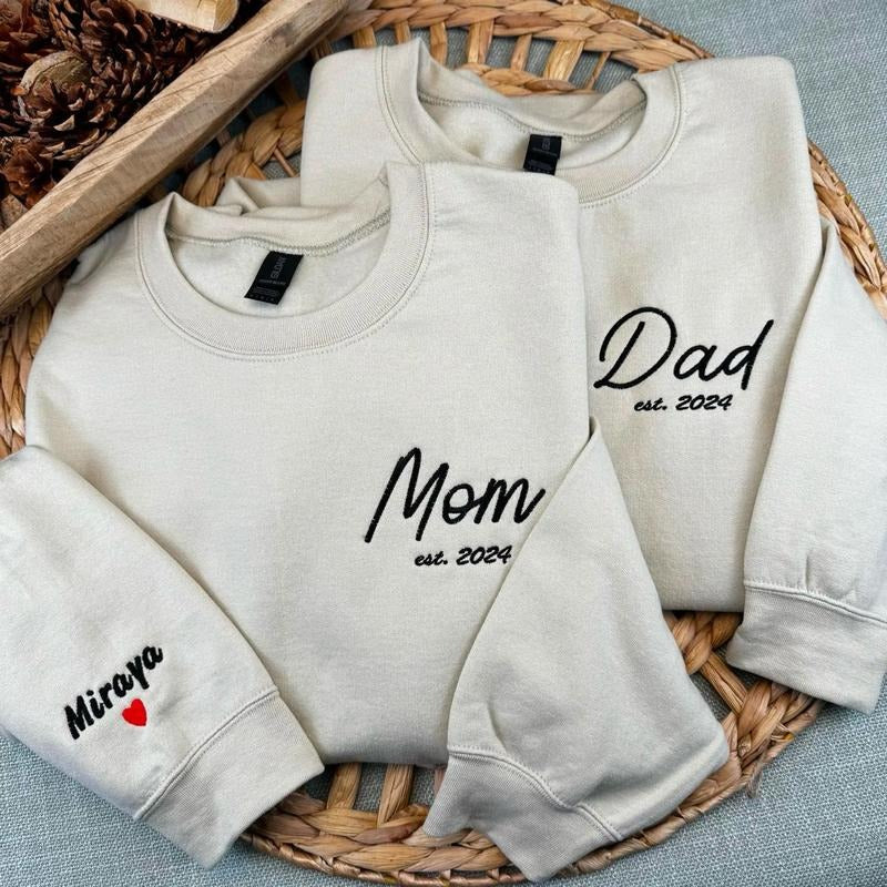Personalized Mama Dad Embroidered Names Sleeve Custom Matching Family Embroidery Valentine T-Shirts, Hoodie, Sweatshirt