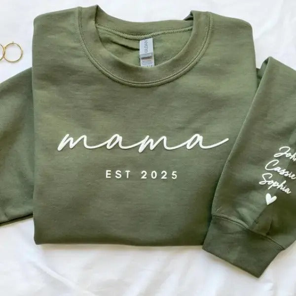Personalized Mama Est Sweatshirt with Kid Names on Sleeve, Mothers Day Gift, Birthday Gift for Mom Shirt Hoodie