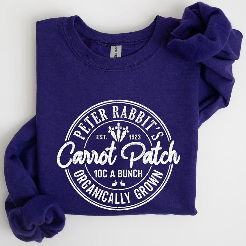 Peter Rabbit's Carrot Patch, Retro Farm Sign, Easter Sweatshirt, Women's Crew Neck, Crewneck Shirt Hoodie | PrintMintTees.com