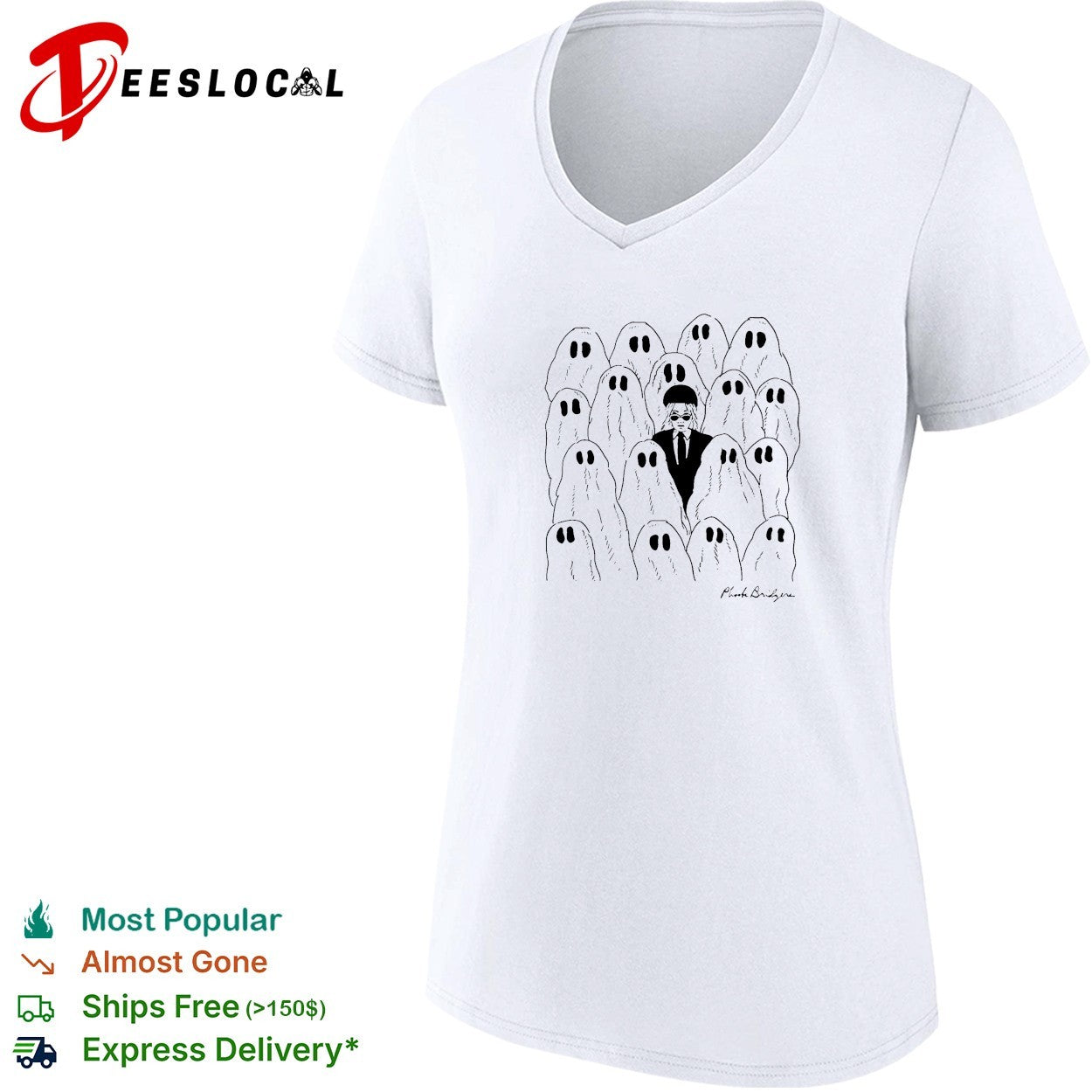 Phoebe Bridgers standning next to ghosts shirt