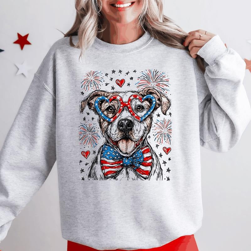 Pitbull Terrier Patriotic Dog, USA, America, Pet Lover, 4th of July Sweatshirt, Crew Neck, Women's, Crewneck Shirt Hoodie