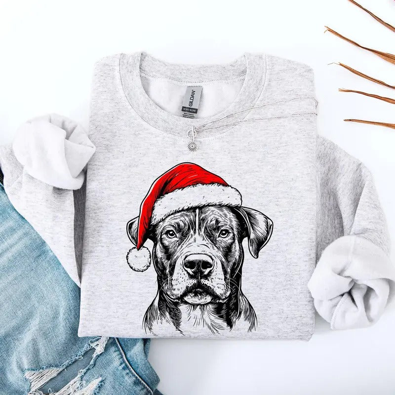 Pitbull, Santa, Dog, Christmas, Dog Lover, Pet Sweatshirt, Crew Neck, Women's, Crewneck Shirt Hoodie | PrintMintTees.com