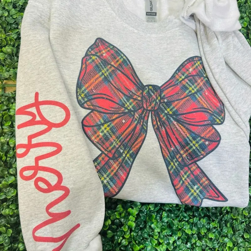 Plaid Bow Sweatshirt | Merry Christmas Sweatshirt Shirt Hoodie | PrintMintTees.com