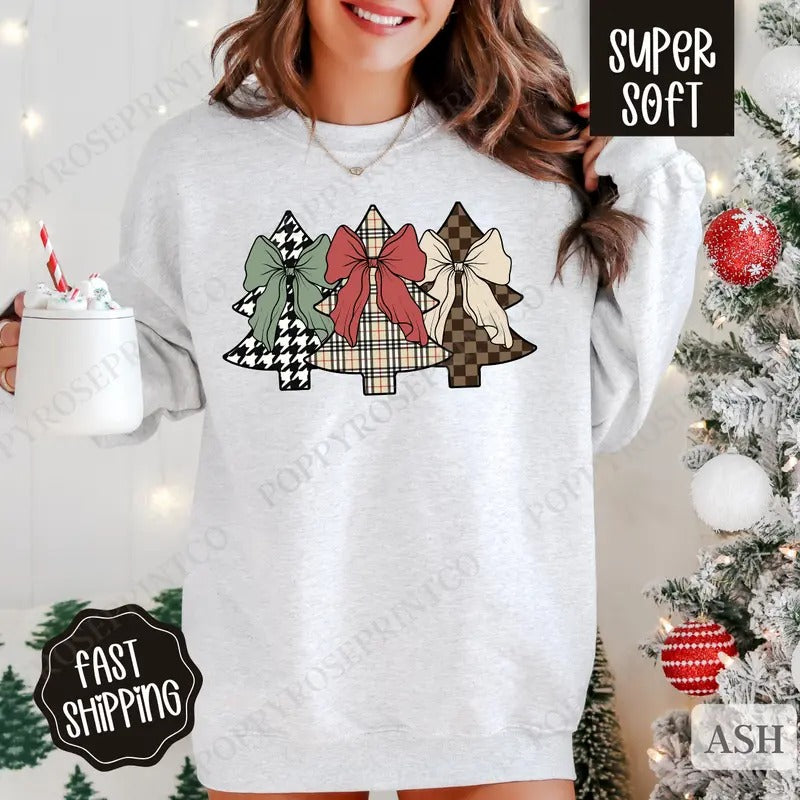 Plaid Christmas Tree Sweatshirt, Preppy Christmas Crewneck,  Womens Holiday Sweater Shirt Hoodie | PrintMintTees.com