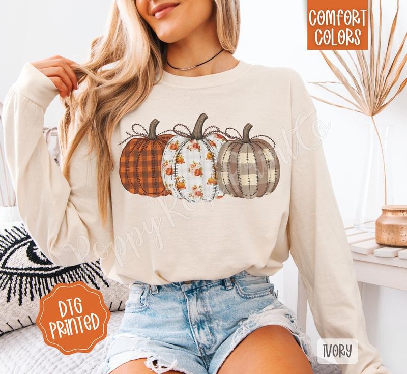 Plaid Floral Pumpkins Comfort Colors Long Sleeve T-Shirt, Cute Women's Fall Tee Hoodie Sweatshirt | PrintMintTees.com