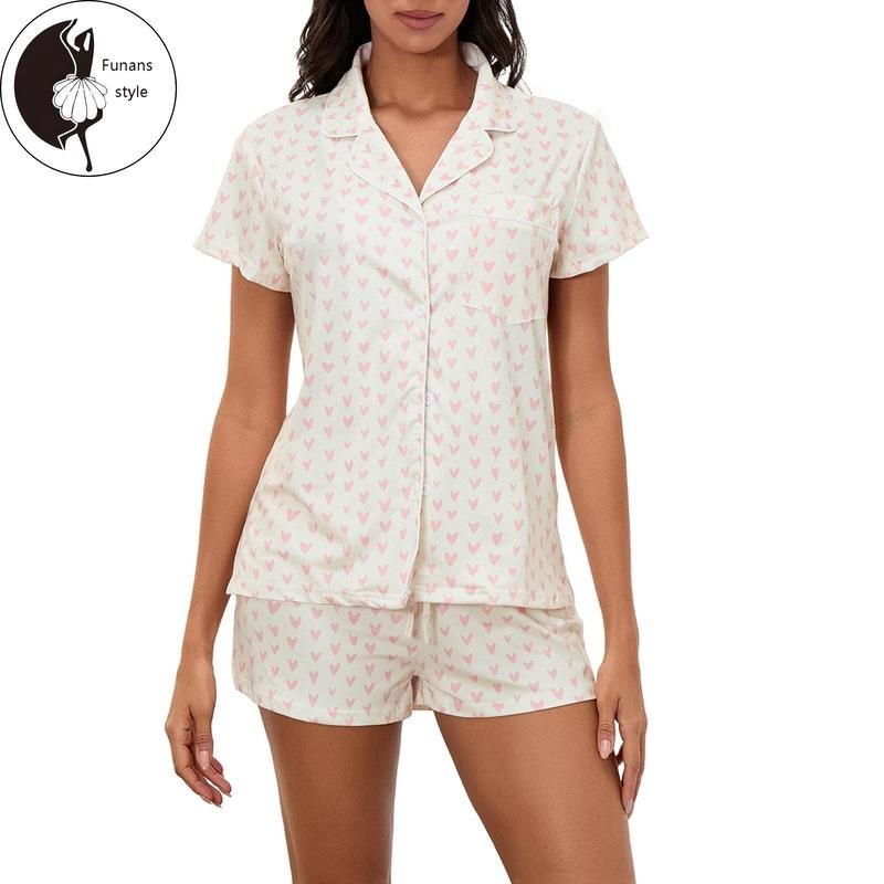 Women's Summer Loungewear Set, Heart/Plaid Print Short Sleeve Lapel T-Shirt + Elastic Waist Shorts Sleepwear Hoodie...