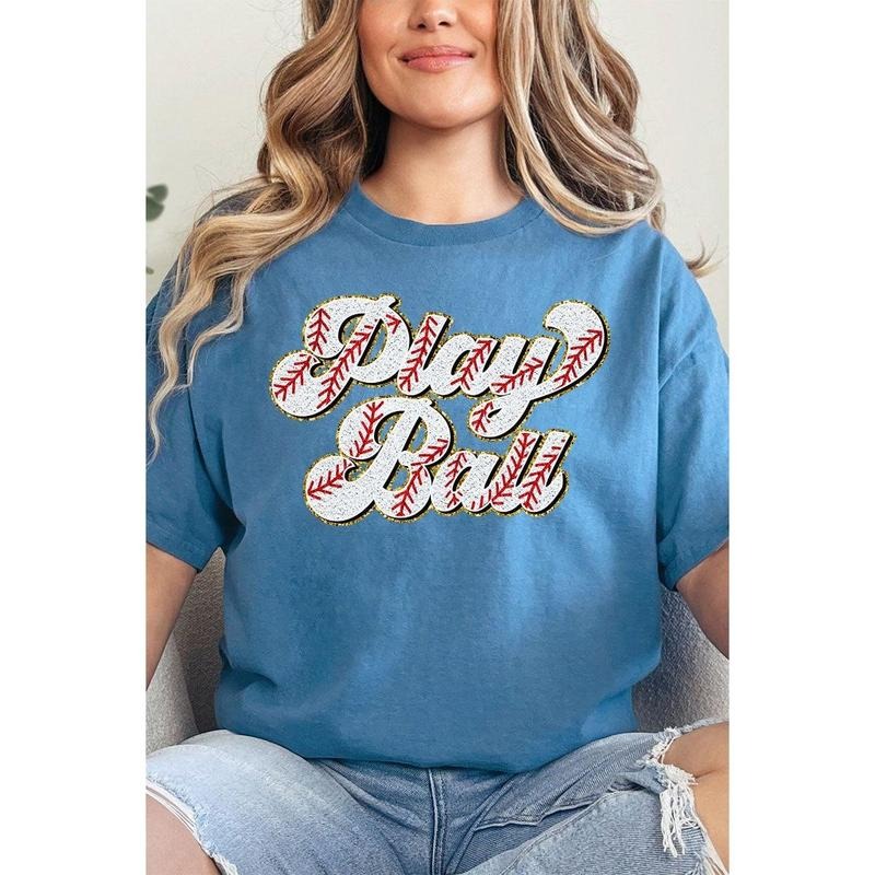 Play Ball Baseball Faux Chenille Patch Transfer Short Sleeve Relaxed Fit T-Shirt Hoodie Sweatshirt | PrintMintTees.com