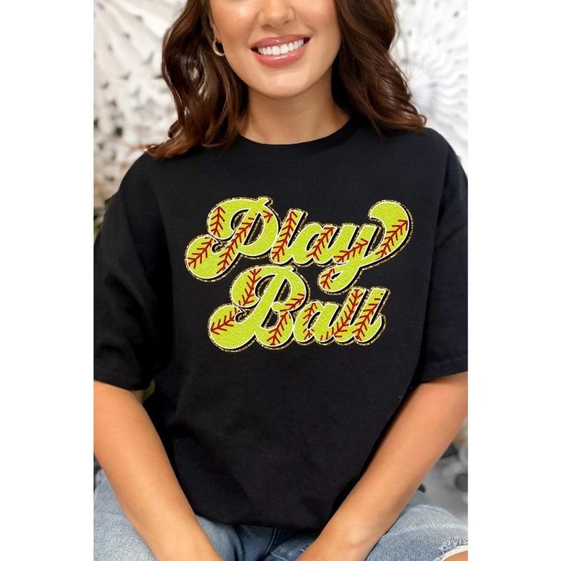 Play Ball Softball Faux Chenille Patch Transfer Short Sleeve Relaxed Fit T-Shirt Hoodie Sweatshirt | PrintMintTees.com