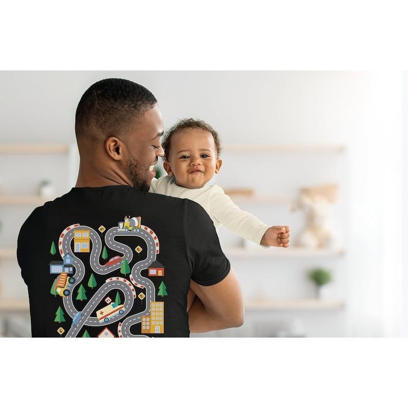 Play Car Race On Dad's T-shirt, Mat Road Car Race Track T-Shirt, Dad Mom Father's Day Family Gift, Playmat TShirt,...