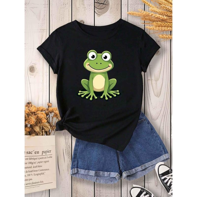 Playful Green Frog Printed Women'S T-Shirt with Letter Pattern, Trendy Short Sleeved T-Shirt for Teenagers, Letter...