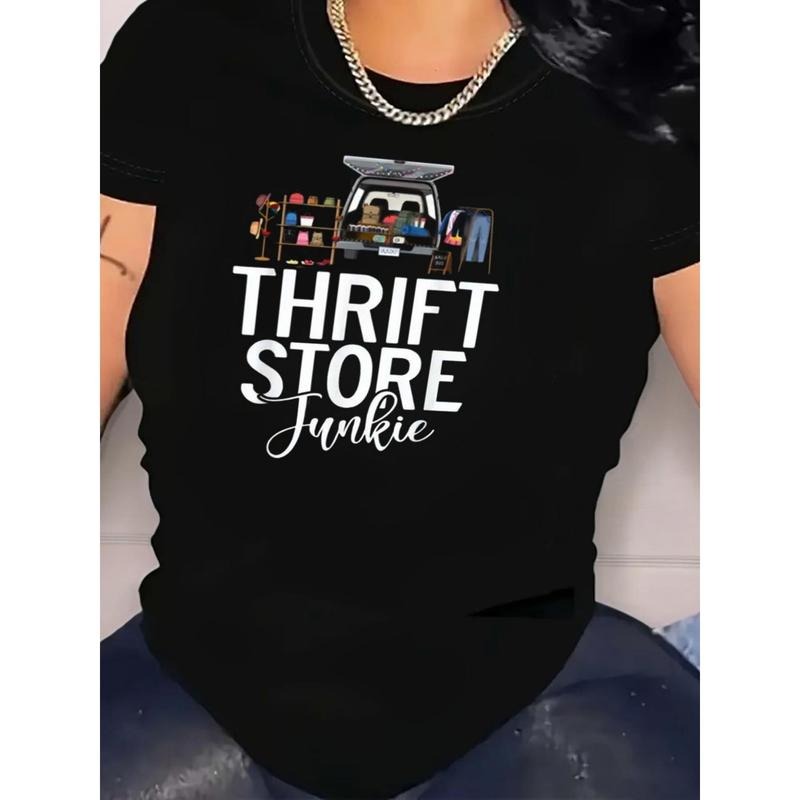Playful T - Shirt Celebrating Thrifting Passion: Catchy 'Thrift Store Junkie' Phrase and Illustrative Thrifting Scene...