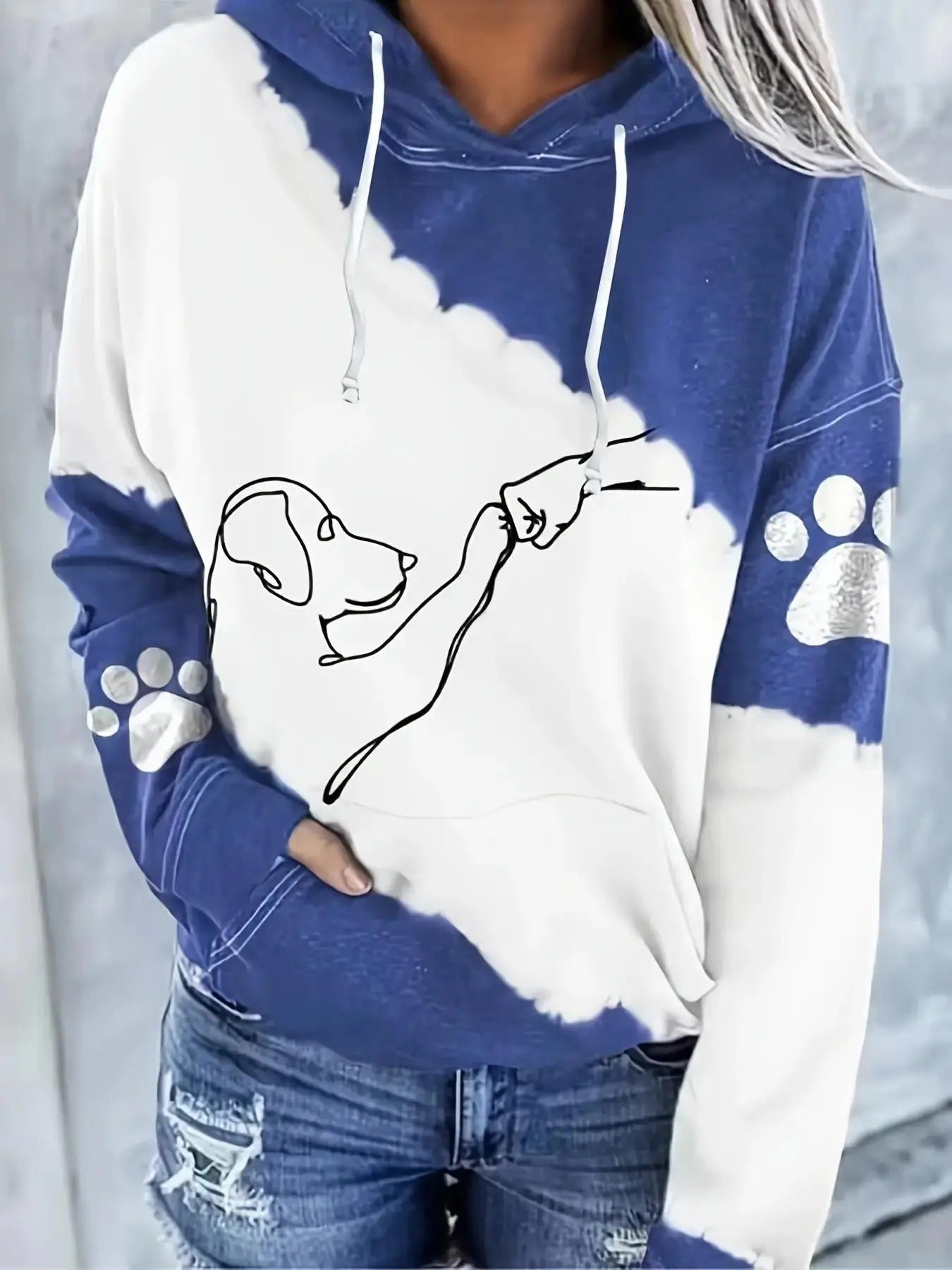Plus Colorblock Cartoon Dog Print Drop Shoulder Drawstring Casual Pocket Hooded Daily Plus Fall & Winter T-Shirts, Hoodie, Sweatshirt