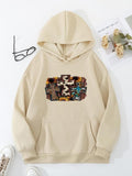 Plus Size Cross & Floral Print Drop Shoulder Drawstring Hoodie, Fashion Casual Pocket Hooded Sweatshirt for Daily Outdoor Wear, Women Plus Clothing for Fall & Winter