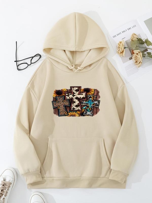 Plus Size Cross & Floral Print Drop Shoulder Drawstring Hoodie, Fashion Casual Pocket Hooded Sweatshirt for Daily Outdoor Wear, Women Plus Clothing for Fall & Winter