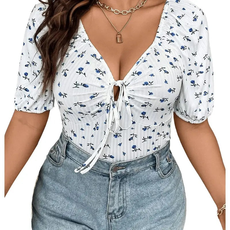 Plus Size Ditsy Floral Print Tee Tie Front V Neck Short Sleeve T Shirt Tops Hoodie, Sweatshirt | PrintMintTees.com