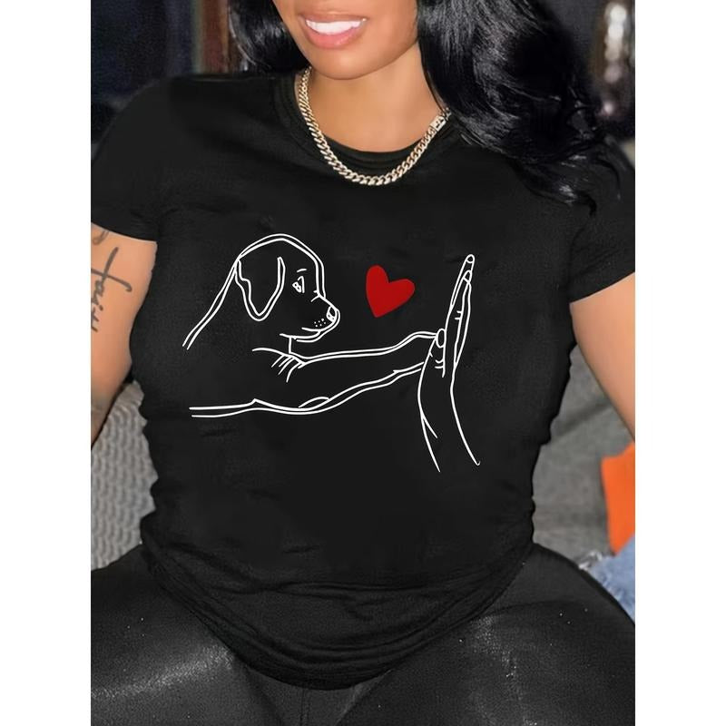 Plus Size Dog Print T-Shirt, Casual Short Sleeve Top For Spring & Summer, Women's Plus Size Clothing style 02 Hoodie...